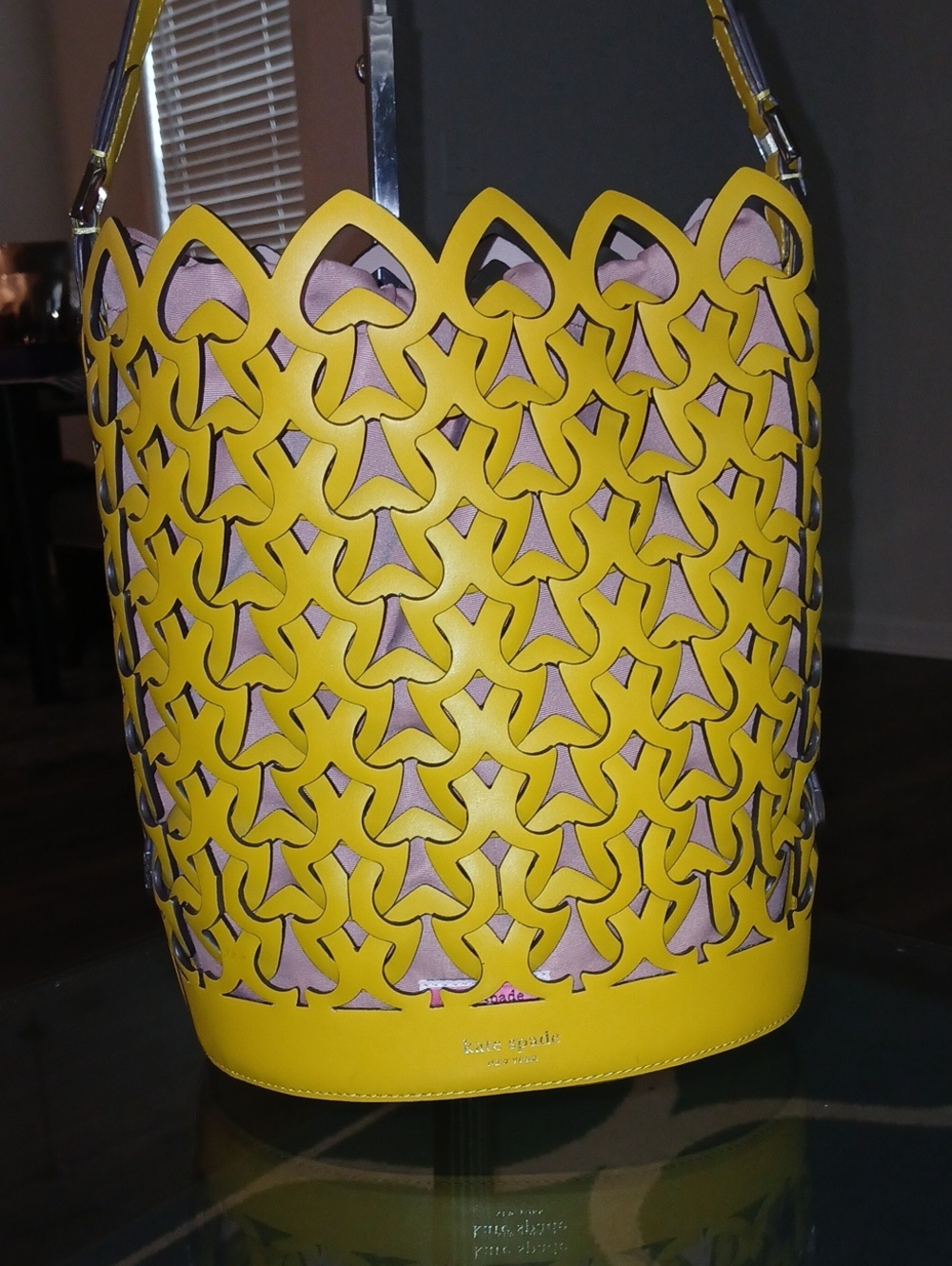 Kate Spade Dorie Yellow Laser-Cut Bucket Bag with Pink Liner - Picture 2 of 6